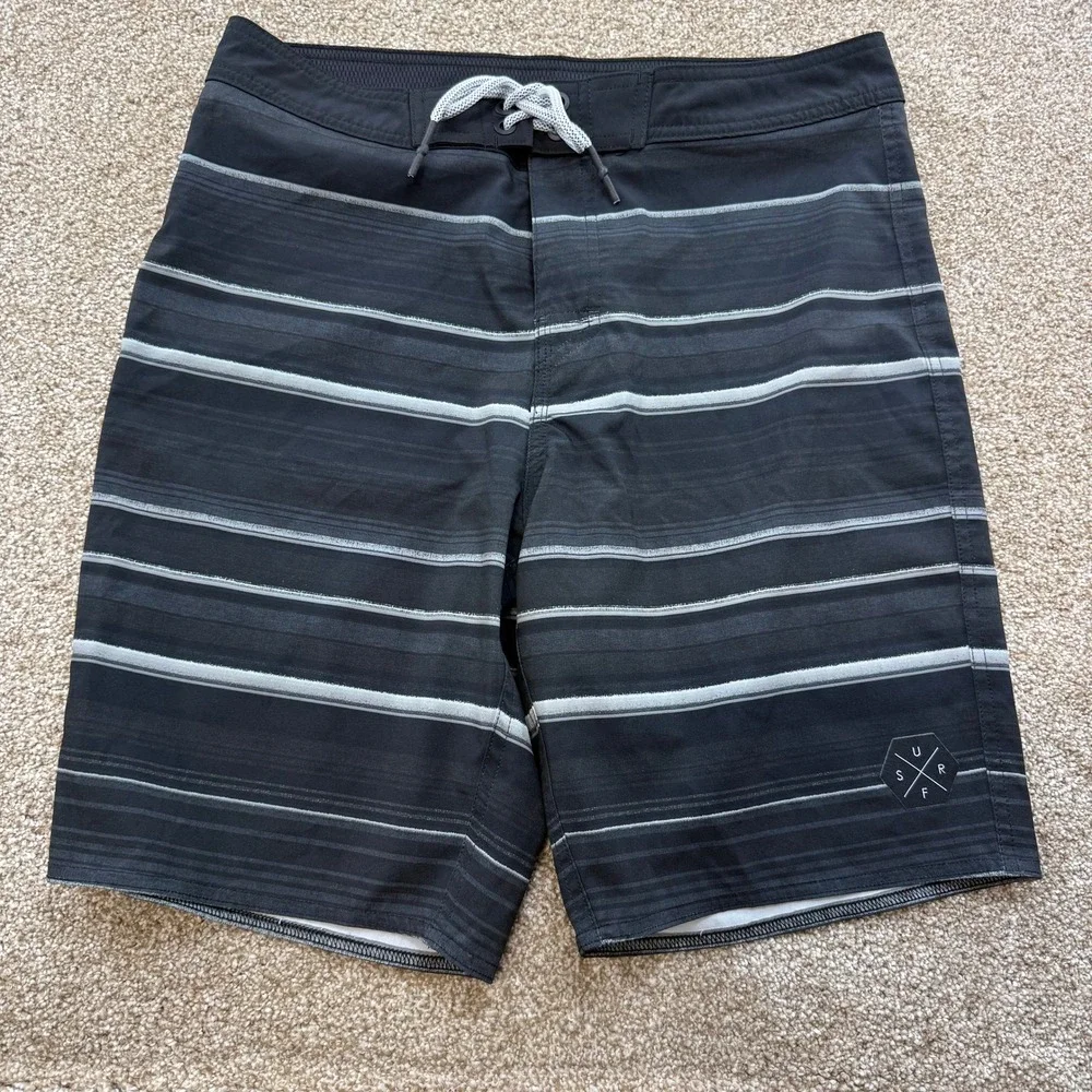 George Mens Black Grey Striped SURF Board Shorts Swim Trunks 30 Quick Dry